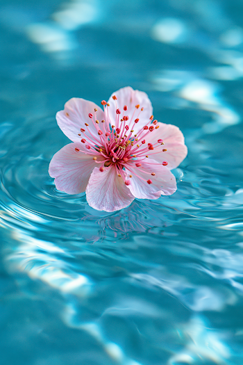 Elegant Cherry Blossom Floating on Turquoise Water