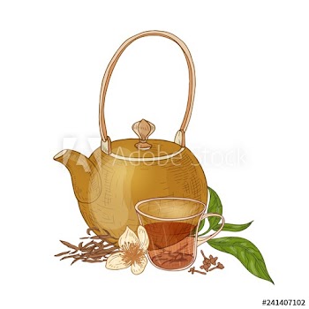 Elegant composition with teapot, cup of black tea, cloves and vanilla flowers and leaves isolated on white background