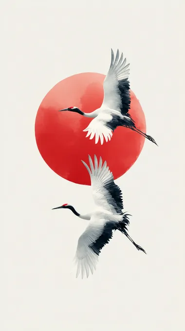 Elegant Cranes Against Red Sun in Minimalist Japanese Style Elegant Cranes Against Red Sun in Minimalist Japanese Style