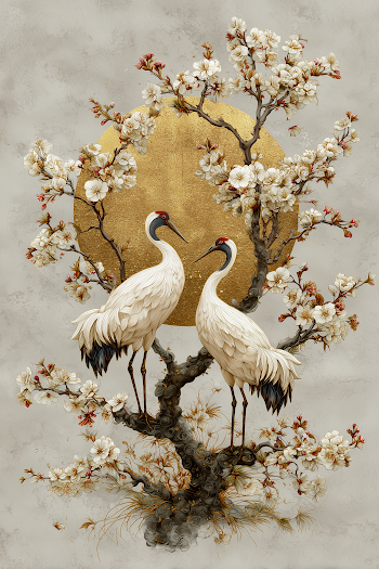 Elegant Cranes Amidst Blossoming Cherry Trees