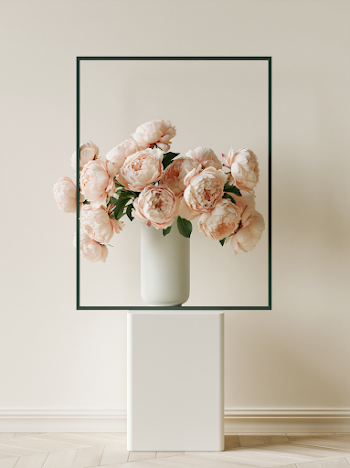 Elegant Decor with Hunter Green Frame and Pink Peonies