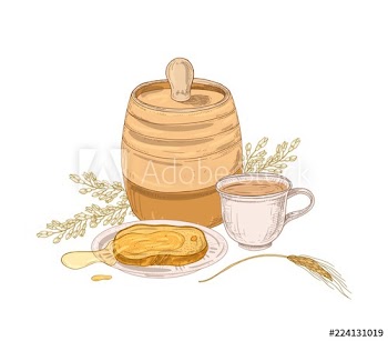 Elegant drawing of barrel, sweet honey on slice of bread or toast lying on plate, cup of tea and acacia inflorescence