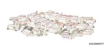 Elegant drawing of old city with beautiful buildings of Arab architecture