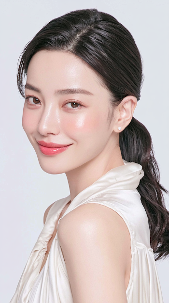Elegant East Asian Woman in Ivory Satin Blouse