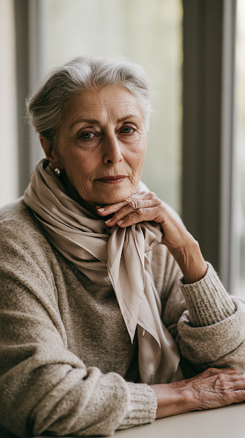 Elegant Elderly Woman at Minimalist Dining Table