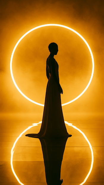 Elegant Female Silhouette in Golden Light Circle
