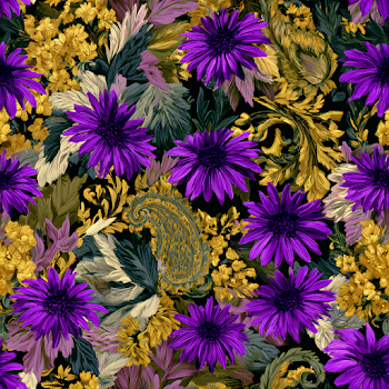 Elegant Floral Textile Pattern with Purple and Gold Accents