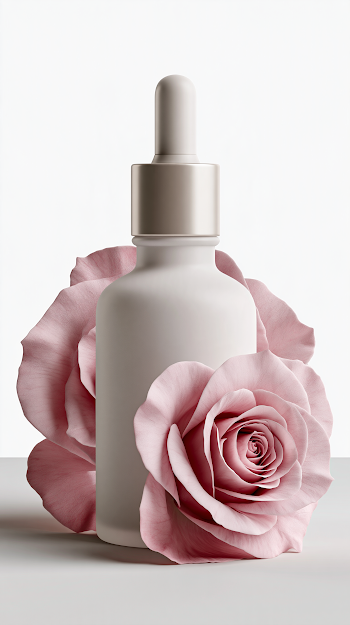 Elegant Frosted Serum Bottle with Dusty Pink Rose