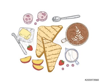 Elegant hand drawn composition with delicious breakfast meals and wholesome morning food - bread toasts, butter, fruits, berries, yogurt, coffee