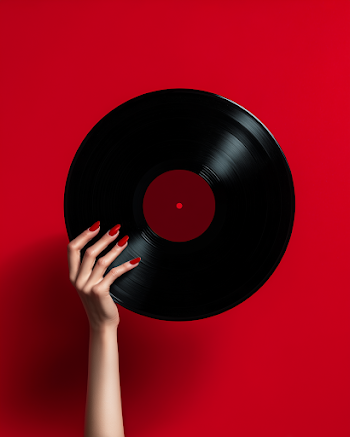 Elegant Hand Holding Vinyl Record on Bold Red Background