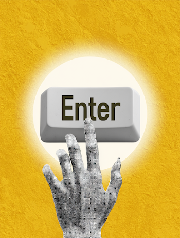 Elegant Hand Pressing Enter Key in Digital Collage Art
