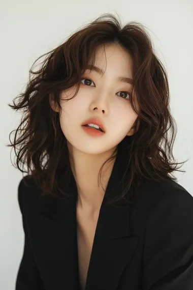 Elegant Korean Model Showcasing Glossy Curls and Style Elegant Korean Model Showcasing Glossy Curls and Style