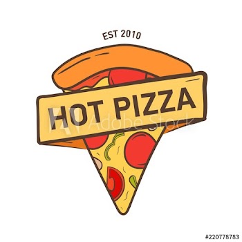 Elegant label with pizza piece and ribbon, tape or strip isolated on white background