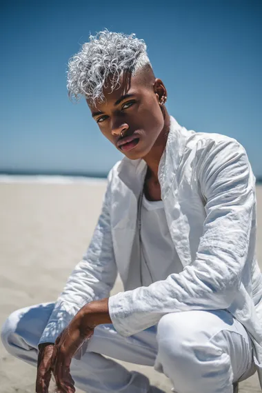 Elegant LGBTQ Male Model in White Fashion at the Beach Elegant LGBTQ Male Model in White Fashion at the Beach