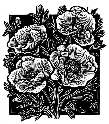 Elegant Linocut Style Black Flowers on White Background Elegant Linocut Style Black Flowers on White Background