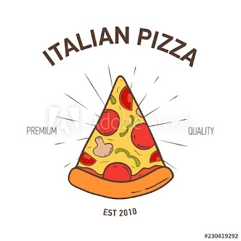 Elegant logotype with pizza slice and radial rays on white background