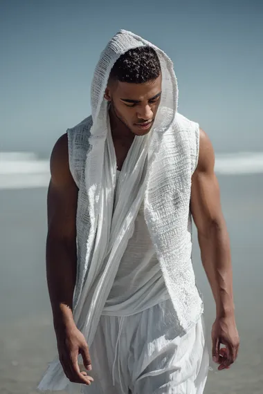 Elegant Male Model in White Fashion at the Beach Elegant Male Model in White Fashion at the Beach