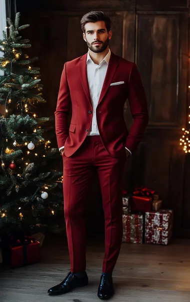 Elegant Man in Red Suit Against Christmas Background Elegant Man in Red Suit Against Christmas Background