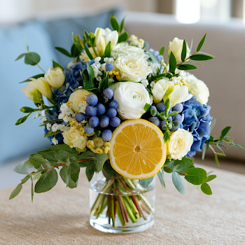 Elegant Mediterranean Floral Arrangement with Lemons and Eucalyptus