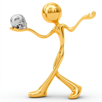 Elegant Metallic Gold Humanoid Stick Figure Holding Silver Skull