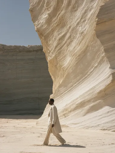 Elegant Model in Ivory Suit Against Textured Rock Formation Elegant Model in Ivory Suit Against Textured Rock Formation
