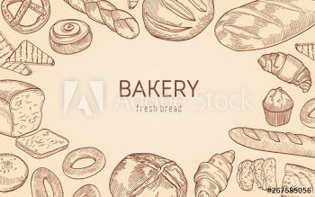 Elegant monochrome background with frame made of breads, sweet baked products, homemade pastry
