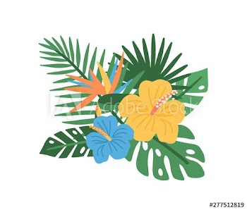 Elegant natural composition with blooming tropical flowers and exotic palm tree leaves isolated on white background, Floral decorative design element