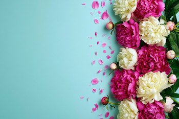 Elegant Peony Floral Arrangement on Aqua Background