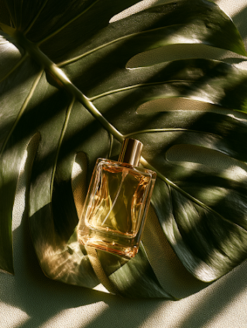 Elegant Perfume Bottle on Monstera Leaf
