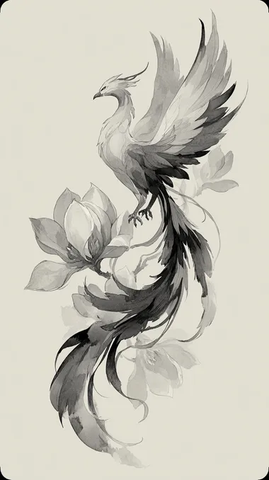 Elegant Phoenix and Magnolia Tattoo Design in Black and White Elegant Phoenix and Magnolia Tattoo Design in Black and White