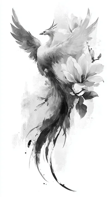Elegant Phoenix Rising: Black and White Sumi-e Tattoo Design Elegant Phoenix Rising: Black and White Sumi-e Tattoo Design