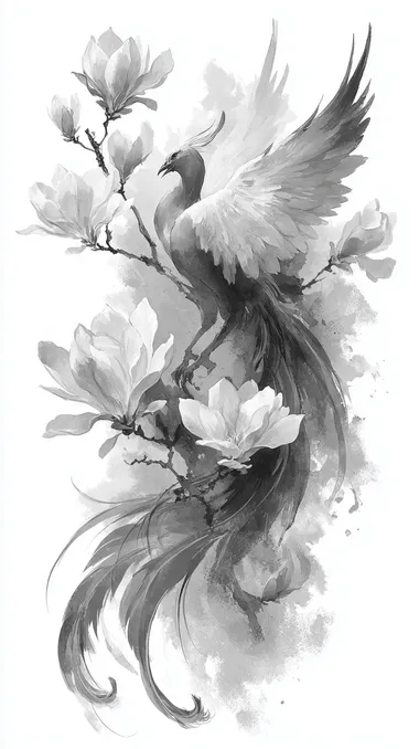 Elegant Phoenix with Magnolias: Sumi-e Tattoo Design Elegant Phoenix with Magnolias: Sumi-e Tattoo Design