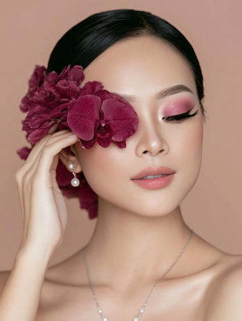 Elegant Portrait of a Young East Asian Woman with Orchids