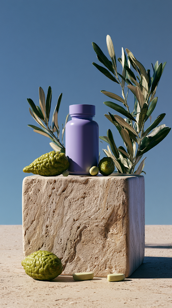 Elegant Purple Supplement Bottle on Limestone Pedestal