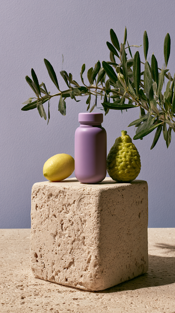 Elegant Purple Supplement Bottle with Natural Elements