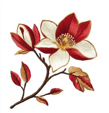 Elegant Red and Gold Embroidered Magnolia Flower Elegant Red and Gold Embroidered Magnolia Flower