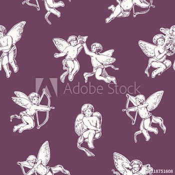 Elegant seamless pattern with adorable Amors hand drawn with contour lines on purple background