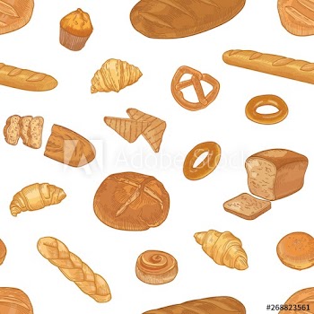 Elegant seamless pattern with different types of delicious bread or pastry on white background
