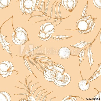 Elegant seamless pattern with fresh ripe guarana and physalis fruits and berries hand drawn with contour lines on orange background