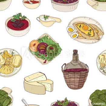 Elegant seamless pattern with Georgian traditional meals, dishes of national cuisine on white background