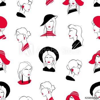 Elegant seamless pattern with heads of beautiful stylish young ladies