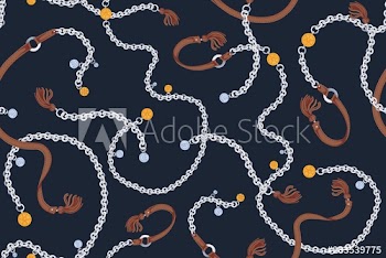 Elegant seamless pattern with stylish silver and golden chain belts decorated by charms and leather tassels on black background