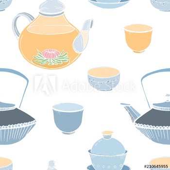 Elegant seamless pattern with traditional Asian tea ceremony tools hand drawn on white background - teapot, cups or bowls, tetsubin kettle