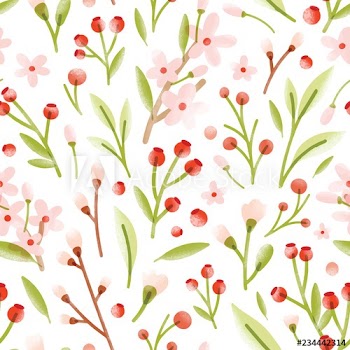 Elegant seamless pattern with translucent tender spring flowers, forest berries, leaves scattered on white background