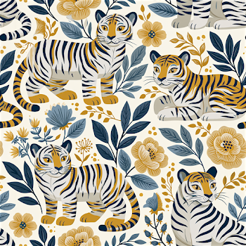 Elegant Tiger Seamless Pattern with Light Florals
