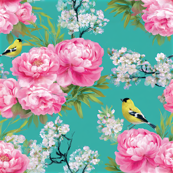 Elegant Vintage Botanical Illustration Pattern with Peonies and Birds