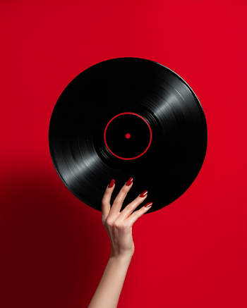 Elegant Vinyl Record with Bordeaux Manicure