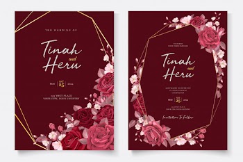 Elegant wedding card template with maroon floral and leaves Free Vector