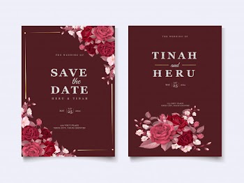 Elegant wedding card template with maroon floral and leaves Free Vector