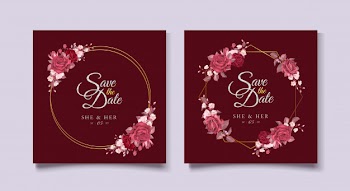Elegant wedding card template with maroon floral and leaves Free Vector